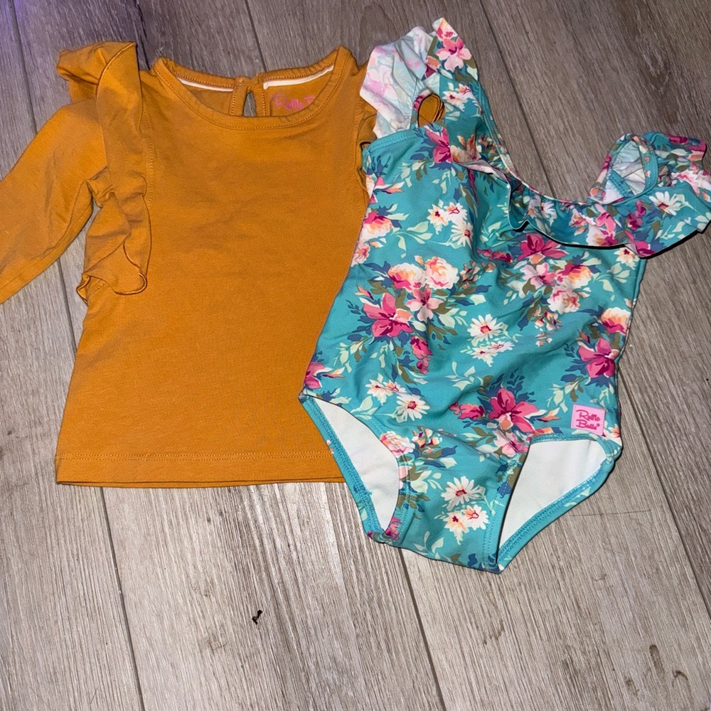 RuffleButts Girls Bundle 18-24M – Floral Ruffle Swimsuit + Long Sleeve Top